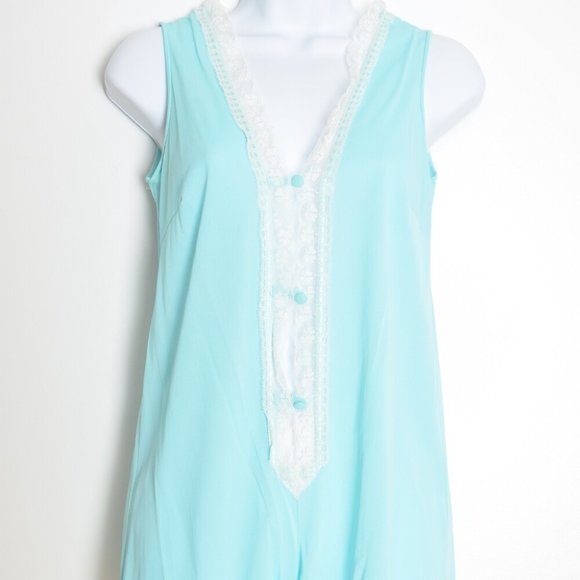 vintage 70s lingerie romper blue white lace teddy negligee one piece pajamas XS - Picture 2 of 6